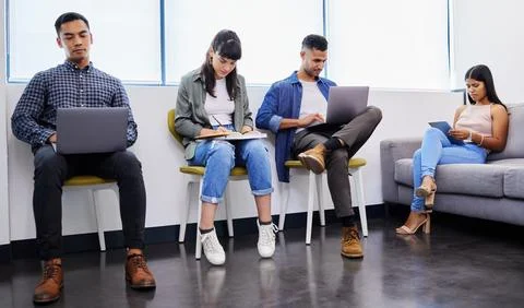 People, reading and queue in waiting room for job interview, recruitment or Stock Photos