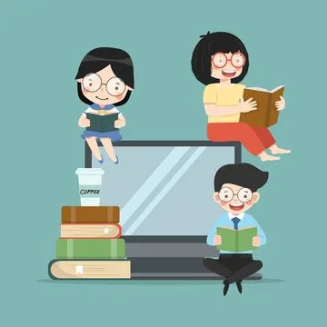 People reading book with computer cartoon Stock Illustration
