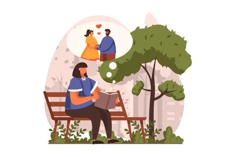 People reading book web concept in flat design. Woman reads romantic story while Stock Illustration