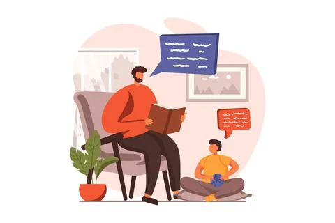 People reading book web concept in flat design. Dad reads fairy tales to his Stock Illustration