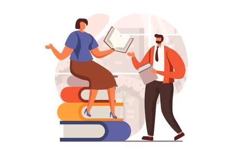 People reading book web concept in flat design. Man and woman reading books Stock Illustration