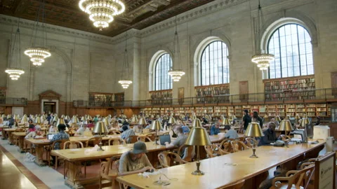 People reading, studying and learning in a library (New York Public Library). Stock Footage 142237762