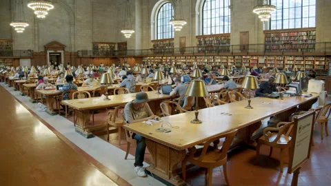 People reading, studying and learning in a library (New York Public Library). Stock Footage 142238083