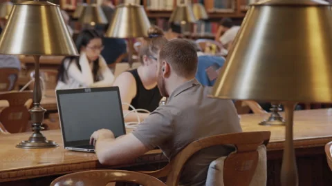 People reading, studying and learning in a library (New York Public Library). Видео 142244232
