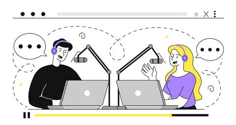 People record interview. Man and woman with laptops and microphones. Recording Illustrazione stock