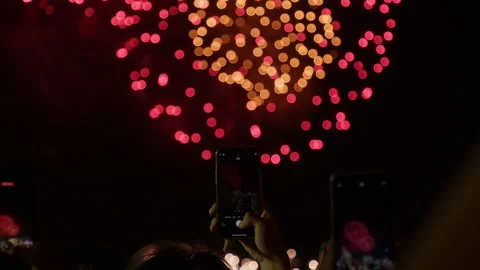 People Recording Fireworks Display On Mobile Phones In Tokyo Japan Stock Footage 341129654