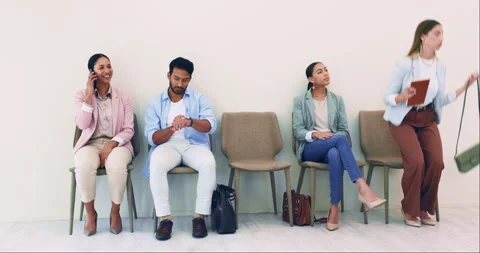 People, recruitment queue and waiting room for interview, check time and leaving Stock Footage 251764362