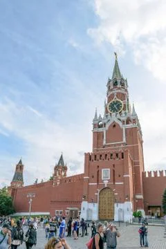 People on the Red Square in front of the Kremlin Spassky Tower Stock Photos