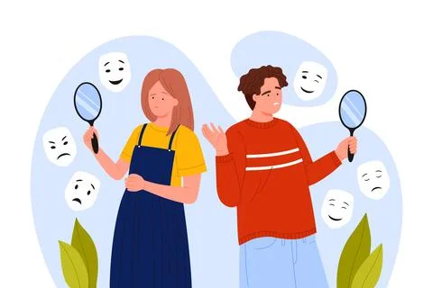 People reflect emotions using mirrors and masks Stock Illustration