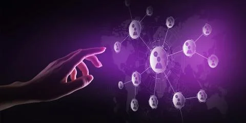 People relations network on virtual screen. Customer communication and social Stock-Fotos