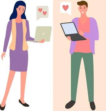 People in relationship using laptops, computers to chat. Lovers man and woman Stockillustratie