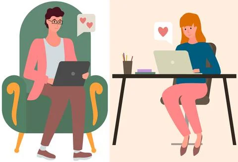 People in relationship using laptops, computers to chat. Lovers man and woman Stock Illustration