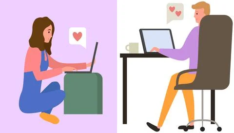 People in relationship using laptops, computers to chat. Lovers man and woman Stock Illustration