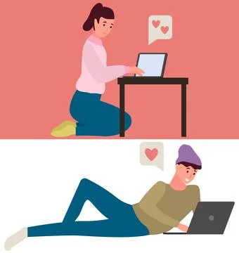People in relationship using laptops, computers to chat. Lovers man and woman Stock Illustration