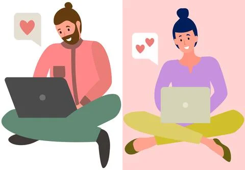 People in relationship using laptops, computers to chat. Lovers man and woman Stock Illustration