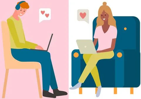 People in relationship using laptops, computers to chat. Lovers man and woman Stockillustratie