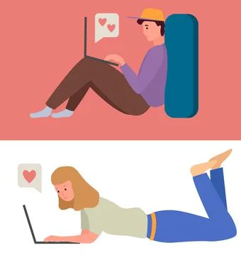 People in relationship using laptops, computers to chat. Lovers man and woman Stockillustratie