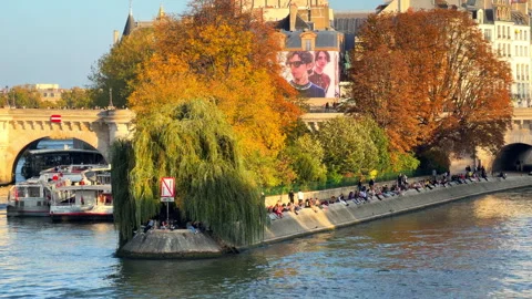 People relaxing on the edge of the Square du Vert-Galant quay on Île de la Cité  스톡 동영상 337880386