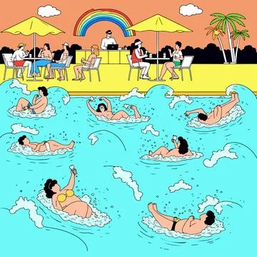 People Relaxing by the Pool Иллюстрация