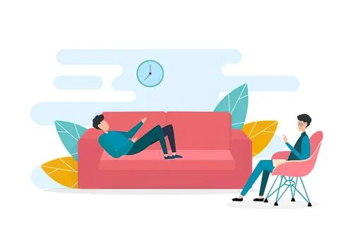 People relaxing on sofa and talking in a cozy living room Ilustração Stock