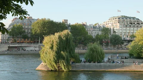 People Relaxing at Square du Vert-Galant at Sunset, Paris Stock Footage 339190527