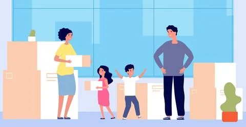 People relocation. Moving new flat, help transportation family. People with Illustrazione stock