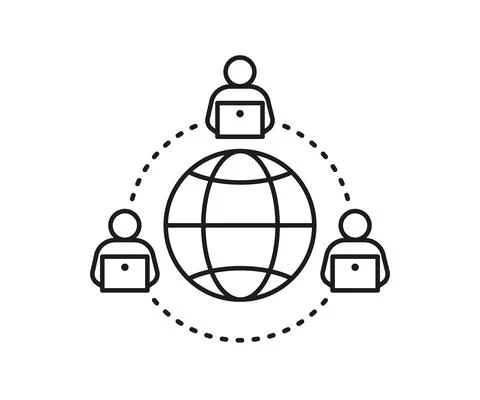 People remote online communication on computer, around earth line icon Stock Illustration