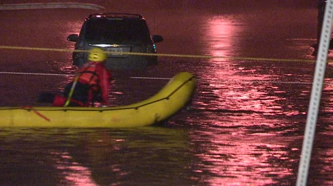 People rescued from stranded commuter train in Toronto flood after thunder storm Stock Footage 44384763
