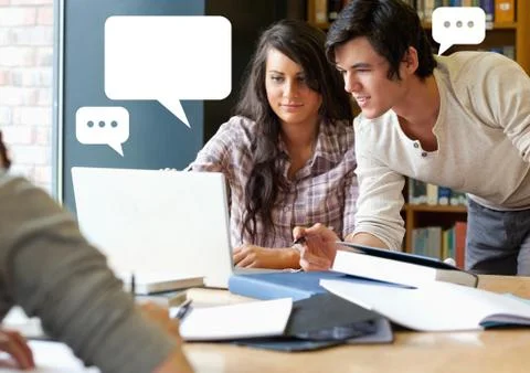 People researching in library project with empty chat bubbles Stock Photos