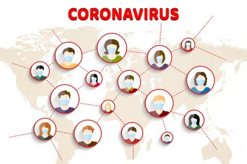People in respirators on world map background. Coronavirus COVID-19 concept.. Stock Illustration
