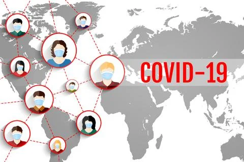 People in respirators on world map background. Coronavirus COVID-19 concept.. Stock Illustration