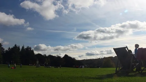 People rest in a field of forest under nice blue sky with white clouds Stock Footage 104196307