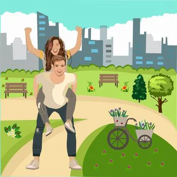 People rest in park. Vector illustration. Happy people walking and resting in Stock Illustration