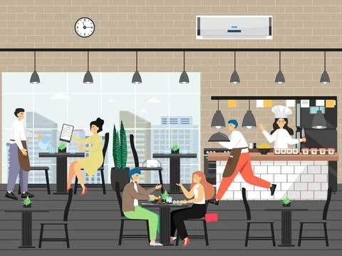 People in restaurant, flat vector illustration. Chef cooking in kitchen, waiters 库存插图