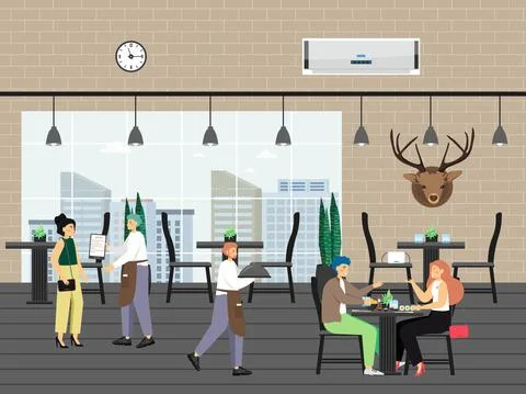 People in restaurant, flat vector illustration. Waiter characters giving menu 库存插图