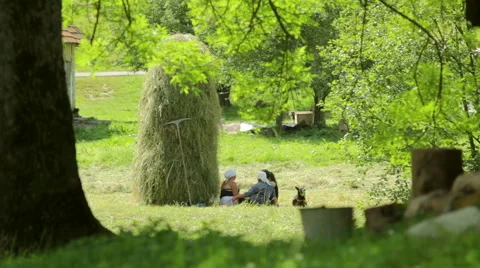 People resting near a haystack Stock Footage 43118342