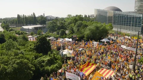People resting at shadow at protest front Parliament Stock Footage 111787722