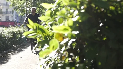People ride bicycle in slow motion on the street of Paris in evening time Stock Footage