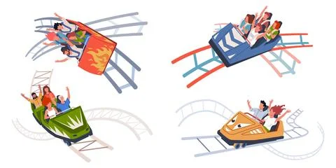 People ride roller coaster. Extreme rail attraction, amusement park visitors Stockillustratie