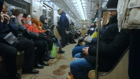 People ride the subway. Crowd is inside the carriage in underground in MINSK Stock Footage 121879771