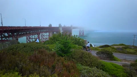 People riding bicycle in front of Golden gate bridge, San Francisco - 4K Pan Stock Footage 318856421