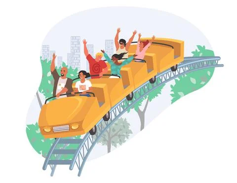 People riding roller coaster, vector illustration. Fairground amusement park Illustrazione stock