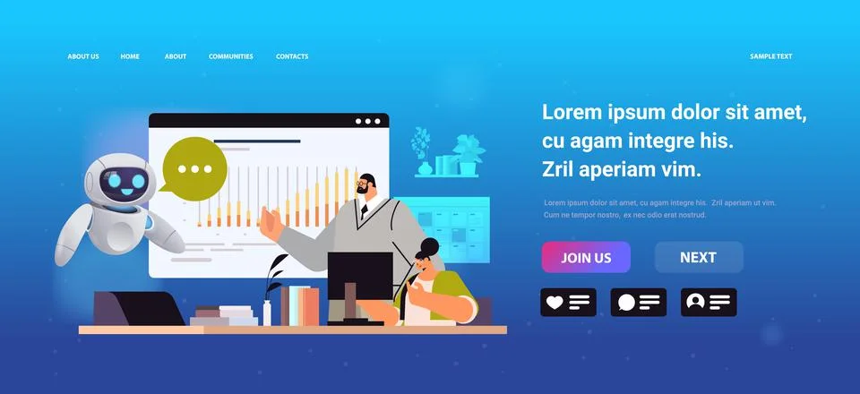 People with robot analyzing statistics graph on digital screen business data Stock Illustration