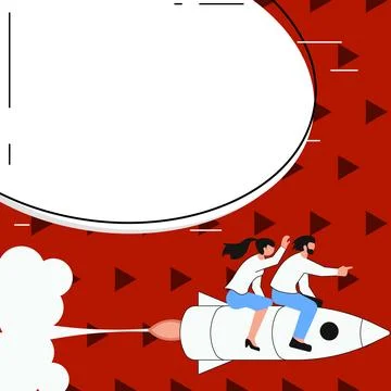 People on Rocket Ship Launching Fast Straight Up. Spaceship Drawing Flying High Stock Illustration