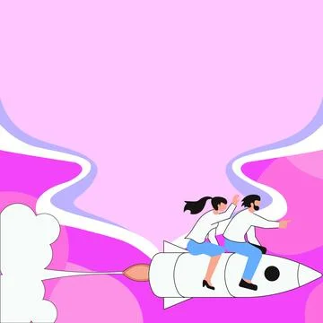 People on Rocket Ship Launching Fast Straight Up. Spaceship Drawing Flying High Stock Illustration