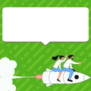 People on Rocket Ship Launching Fast Straight Up. Spaceship Drawing Flying High Stock Illustration