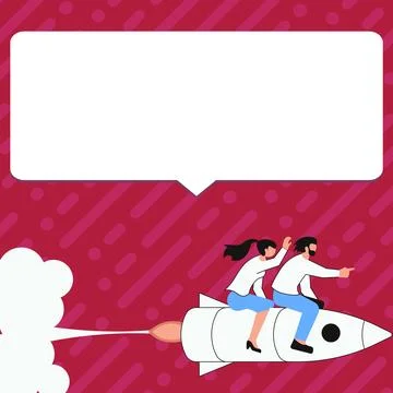 People on Rocket Ship Launching Fast Straight Up. Spaceship Drawing Flying High Stock Illustration