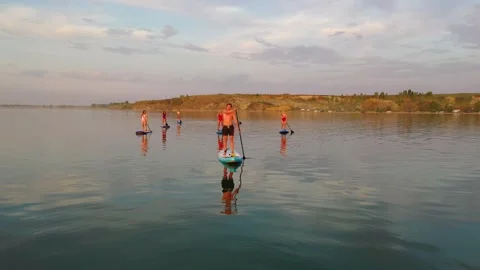 People rowing simultaneously on the SAP Board and raise the paddle Stock Footage 135262560