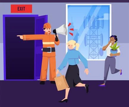 People run to exit evacuating on fire alarm warning, flat vector illustration. Ilustración de archivo