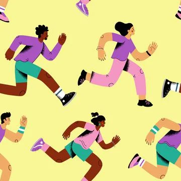 People run pattern. Doodle runners and pedestrian, small healthy characters, Ilustración de archivo